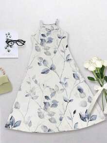 Sleeveless Dress, Women's Summer Dress, Bohemian Style Long Dress, Watercolor Leaf Print Dress, Purple Floral Dress, Beach Holiday Dress, Wedding Guest Dress, Vacation Dress, A-Line Flowy Dress, Sleeveless Long Dress Elegant - 白色 - 查看 3