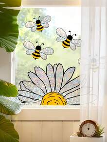 1pc Sunflower & Bee Window Sticker, Bee Flower Rainbow Window Film, Colorful Double-Sided Static Cling Window Decal For Glass, Suction Cup Decoration, Anti-Collision Window Sticker, Suitable For Home Bedroom Living Room Window Decor - A - View 2