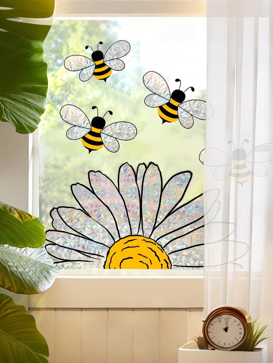 1pc Sunflower & Bee Window Sticker, Bee Flower Rainbow Window Film, Colorful Double-Sided Static Cling Window Decal For Glass, Suction Cup Decoration, Anti-Collision Window Sticker, Suitable For Home Bedroom Living Room Window Decor
