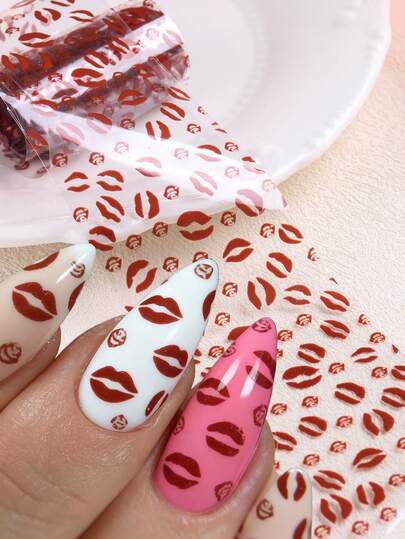Valentine's Day Red Lips Nail Transfer Foil Stickers - Large Lip Effect Design, Easy To Apply Nail Art Decals For Romantic Manicure, DIY Nail Decorations & Salon Quality Nail Supplies For Women (Foil Not Sticky)