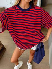 Oversized Loose Fit Short Sleeve T-Shirt, Casual Vacation Outfit For Women Summer - Red - View 1