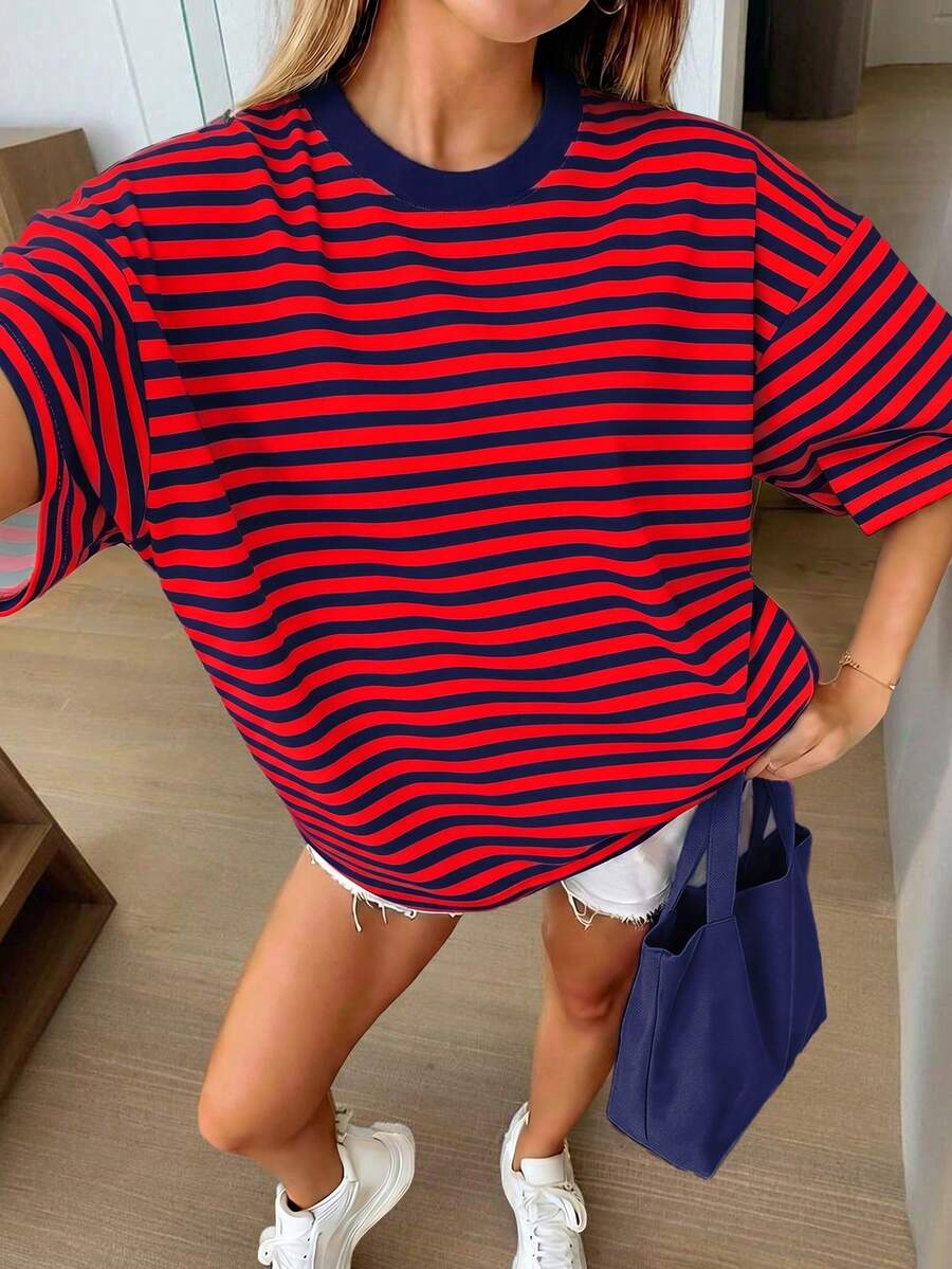 Oversized Loose Fit Short Sleeve T-Shirt, Casual Vacation Outfit For Women Summer - Red - View 1