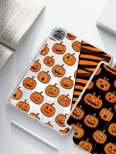 Ốp lưng hai mặt bằng acrylic trong suốt hình bí ngô hoạt hình dễ thương dành cho Halloween, chống sốc, phù hợp với iPad thế hệ thứ 7, 8, 10 (10.2 inch), có khe cắm bút tích hợp, hỗ trợ chức năng bật/tắt màn hình, là lựa chọn quà tặng lý tưởng.