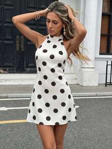 女士优雅波点印花吊带露背迷你连衣裙 - 性感白色夏季度假派对连衣裙，Y2K复古风格 - 黑與白 - 查看 3
