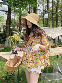 Summer New Loose Sweet 3/4 Sleeve Round Neck Doll Shirt, Fashionable Batwing Sleeve Floral Blouse Vacation Spring - Ginger - View 7