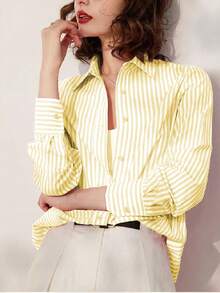 Striped Loose Casual Shirt, Letter Embroidery Turndown Collar Long Sleeve Blouse, Spring/Summer/Autumn - Yellow - View 4