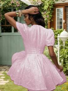 Vuslat 女士夏季刺绣腰部 V 领迷你裙，女士复古花卉刺绣优雅 A 字短款白色连衣裙，波西米亚风连衣裙，度假连衣裙，适合海滩度假、狂欢节、情人节、婚礼宾客等场合 - 粉色 - 查看 3