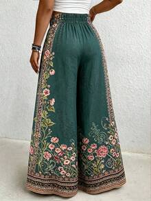 Women's Bohemian Style Floral Print Wide Leg Pants Polyester Drawstring High Waist Long Pants Bohemian Style - Dark Green - View 3