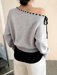 Minimalist Elegant Lace-Up Boat Neck Long Sleeve Knit Top - Light Grey - View 2