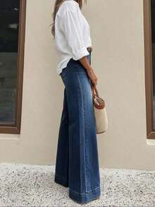 Retro Loose Washed Denim Jeans For Women's Spring And Summer New High Waisted Slanted Pocket Slightly Flared Elastic Versatile Wide Leg Pants - 中藍色 - 查看 5