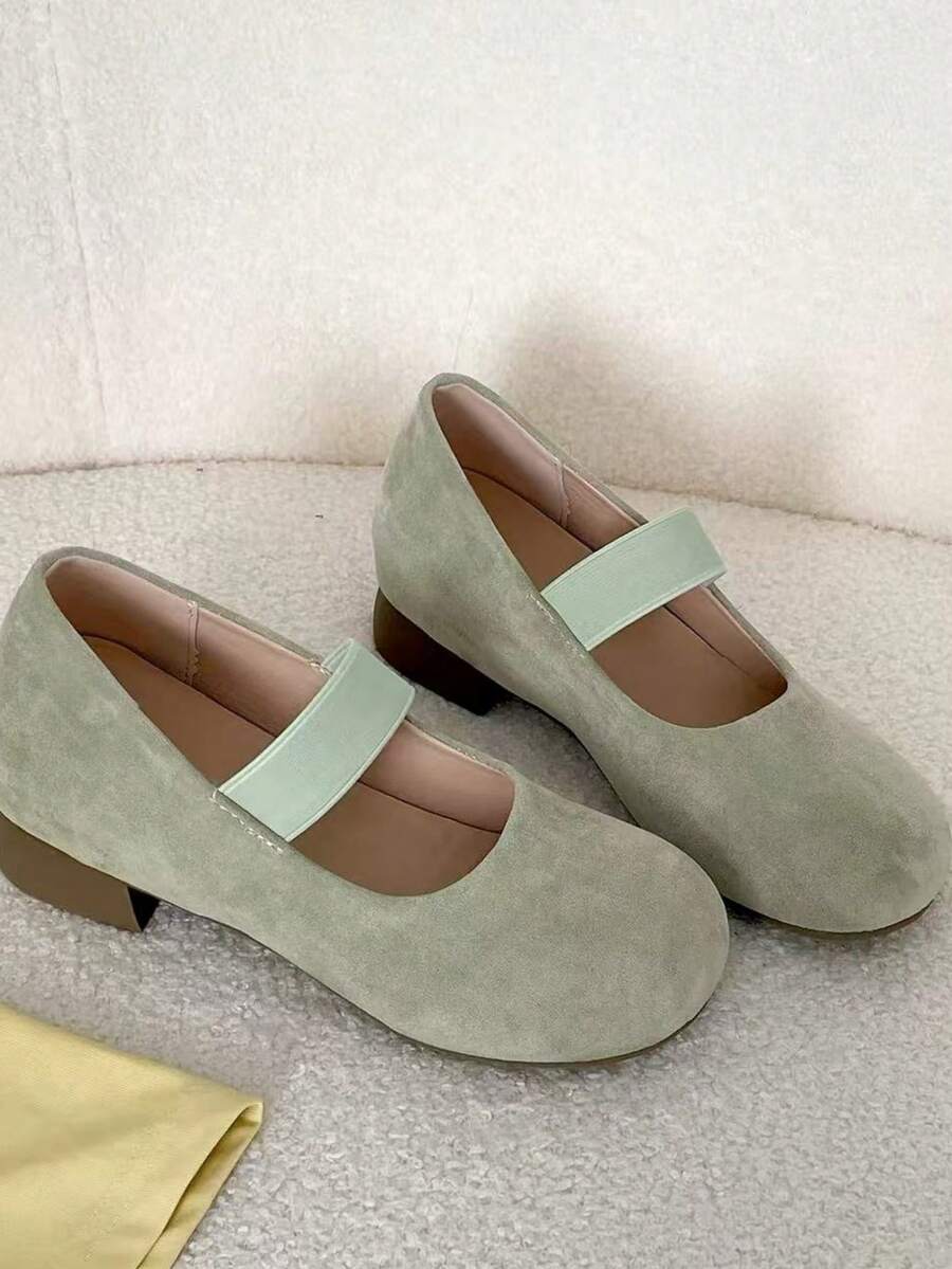 Women's Elastic Round Toe Low Heel Mary Jane Shoes, Solid Mint Green/Beige Minimalist Style, Comfortable Shock-Absorbing Thick Heel Shoes, Suitable For Daily Commute, Spring/Autumn Dating And Party Outfits - Mint Green - View 1