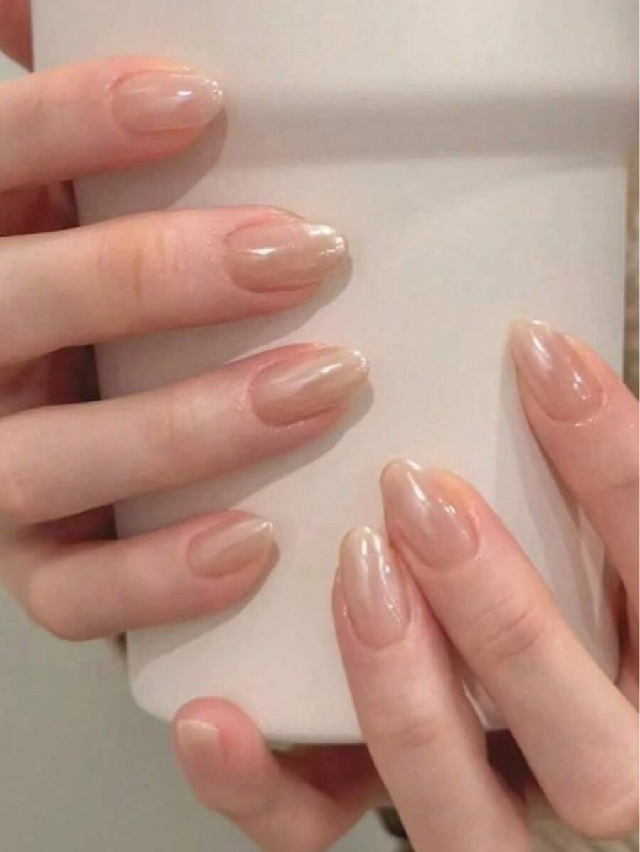 24片短款椭圆形裸色贝壳渐变假指甲，1把指甲锉和1卷胶带，美甲用品套装 - 彩色 - 查看 1