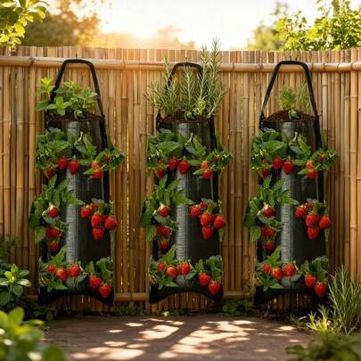 2pcs Hanging Strawberry Planting Bags, Vertical Flower Planting Bags, Outdoor Planting Bags, Multi-Pocket Breathable Waterproof Reusable Strawberry Planting Bags, Breathable Waterproof Strawberry Planting Bags. Suitable For Balcony And Garden, Home Vegetable And Fruit Planting, Durable Reusable Multi-Pocket Home Planting Bags For Fruits And Vegetables.
