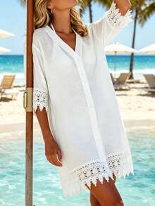 Plus Size Elegant Button-Up Lace Trim Beach Cover-Up, Summer Vacation White - White - View 3
