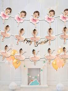 7/14/21pcs Customized Ballet Dancer Photo Banner, Personalized Baby Face Colorful Flag, Unique Pink Ballet 1/2 Year Old Birthday Party Decor, Ballet Theme Decoration Garland - Multicolor - View 8