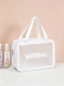 1pc Korean Style PU Frosted Cosmetic Bag Large Capacity Travel Toiletry Bag - Pink - View 8