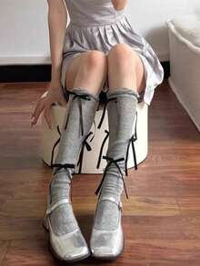 1 par de calcetines hasta la rodilla con decoración de lazo, calcetines de mujer con volantes, calcetines de estilo ballet de peso ligero hasta el tobillo, calcetines hasta la rodilla con estilo de lazo tipo Mary Jane para el verano - Multicolor - Ver 7