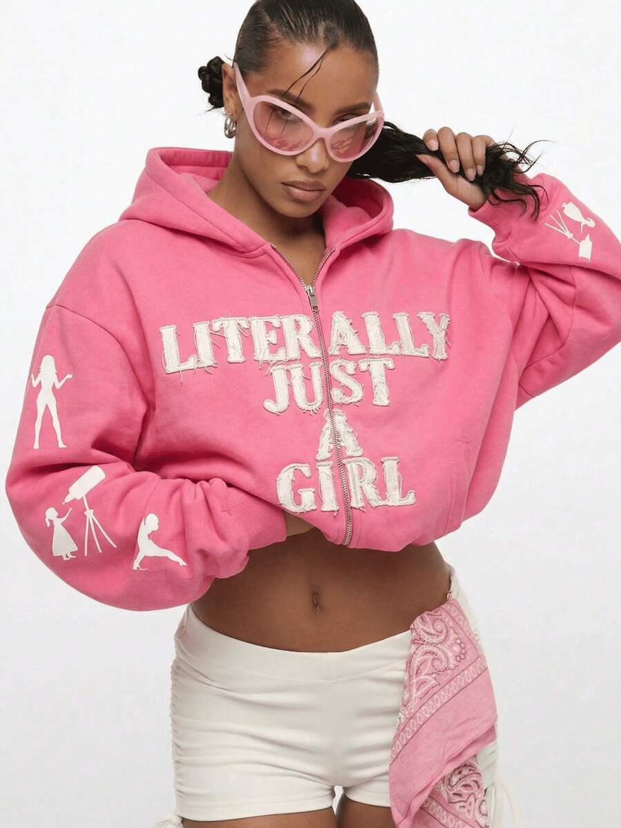 High-Street American Custom-Made Thickened Retro Sun-Faded High-Quality French Pocket Zipper Appliqué Letter Zipper Hoodie - Hồng - Xem 1