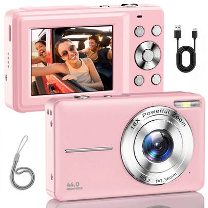 Nicamery מצלמה דיגיטלית 44MP 1080P, מצלמת נסיעות קומפקטית עם זום 16X מתאימה לצילום, צילום דיגיטלי, מתאימה כמתנה לבני נוער וקשישים [כרטיס זיכרון אינו כלול]