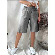 Women's Casual Shorts, Retro Summer Style, Jacquard Woven, Striped And Patchwork - Light Blue - View 10