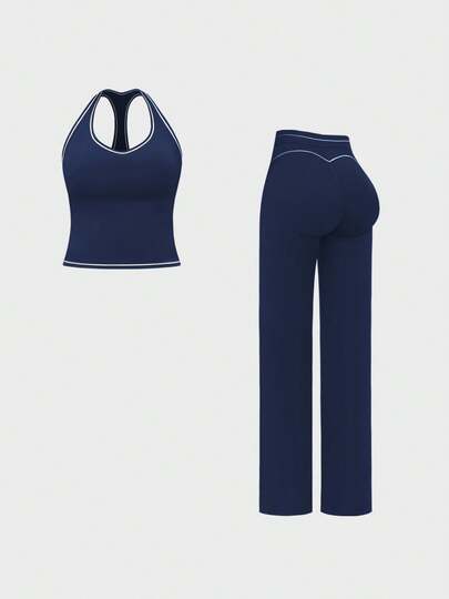  Conjunto de chaleco y pantalones deportivos para mujer de primavera/verano de MFVIM, conjunto deportivo casual de 2 piezas para mujer, chaleco deportivo cómodo con diseño gráfico, pantalones holgados y acampanados con control de abdomen, transpirable y cómodo, adecuado para uso diario casual, al aire libre, correr, ciclismo, yoga, pilates, entrenamiento en el gimnasio