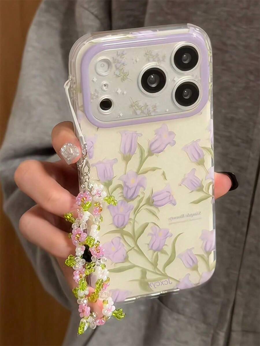 春季奢华可爱紫色花卉图案手机壳，兼容 17 Pro Max 16 15 14 13 Pro Max，时尚可爱 3D 花朵手链，防震保护后盖