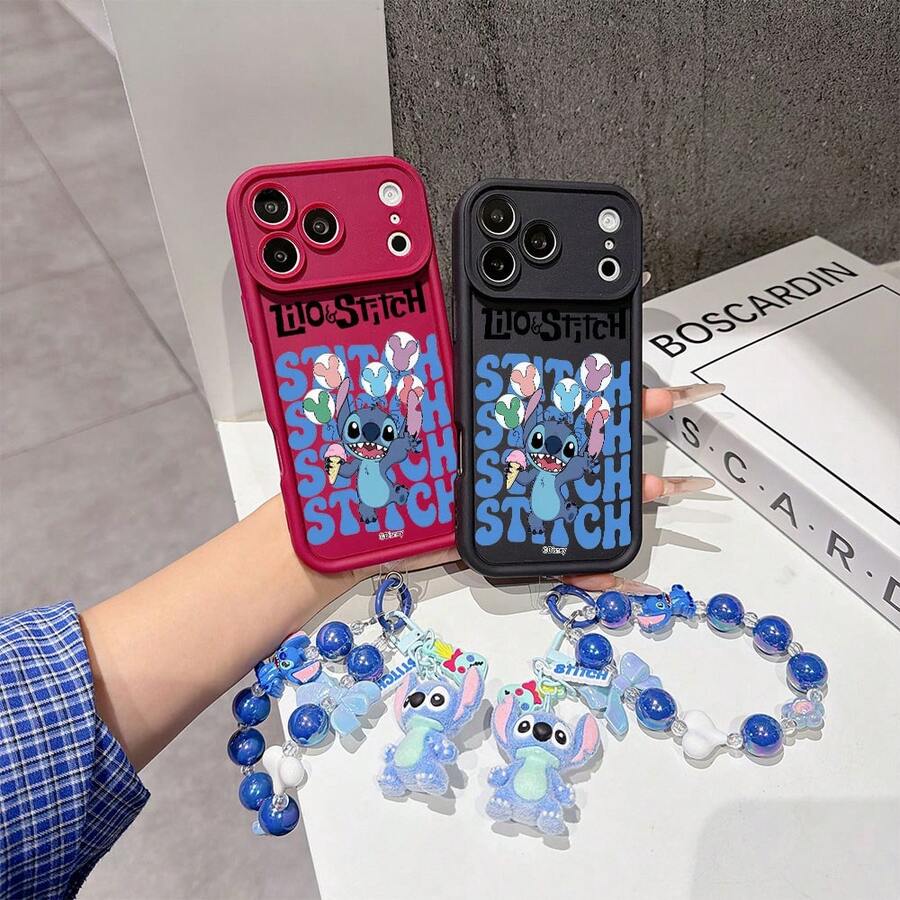 Disney Lilo & Stitch Phone Case With Beaded Chain, Cute Stitch Holding Ice Cream & Balloons Cartoon Print, "Lilo & Stitch" Text, Shockproof Soft Silicone Case With Stitch Plush Doll Wrist Strap, Disney Lilo & Stitch Phone Cover For IPhone 17, 16, 15, 14, 13, 12, And 11 Pro,Galaxy S22 ,S23,S24,S25 Models. Made Of Durable TPU With Shockproof Protection. A Fun Gift For Family, Friends, Birthdays, Holidays, And Special Occasions. - 黑色 - 查看 1