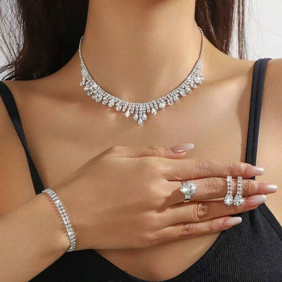 轻奢镶钻五件套水滴形项链耳环 - 銀色 - 查看 1