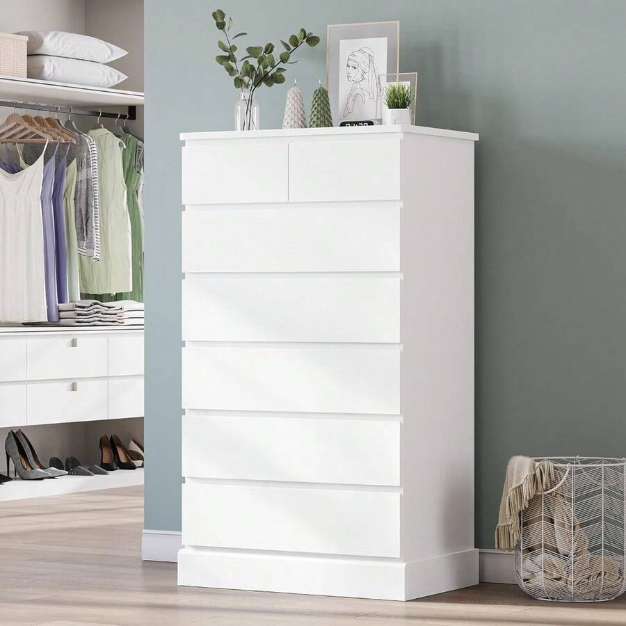 White Tall Dresser For Bedroom With 7 Drawers, 51.8" Tall Dressers & Chests Of Drawers, Modern Wood Closet Organizer And Storage Cabinet, Large Vertical Dresser For Bedroom, Closet, Hallway - 白色 - 查看 1
