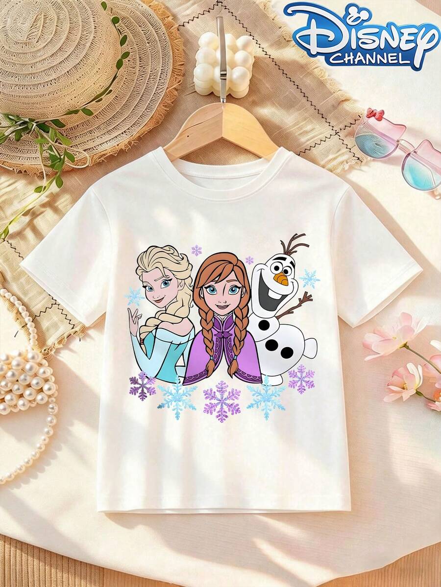Disney Crew-Neck Short-Sleeve T-Shirt Features Character Graphics Of Princess Elsa, Anna, And Olaf From *Frozen*. Designed Specifically For Infants And Toddlers, It Is Suitable For Both Baby Boys And Girls-Making It An Ideal Choice For Summer Wear. - 白色 - 查看 1