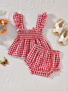 2pcs/Set Baby Girls' Cute Bow Decor Red & White Plaid Camisole Top And Shorts Set, Summer - Red - View 2