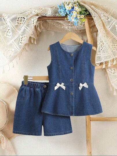 Bộ đồ denim cho bé gái tuổi teen, áo vest không tay đính nơ thời trang mùa hè và quần short denim xanh dương (2 món).