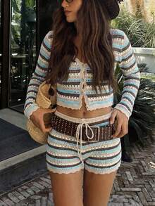 Women's Y2K 2pcs Colorblock Striped Hollow Out Cover Up Top & Shorts Set, Casual Bohemian Beach Vacation Outfit For Spring Summer - Light Blue - View 9