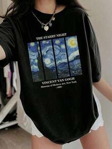 ClassicPlayera estampada con diseño de una pintura famosa, estampado, casual de mujer, cuello redondo, manga corta, para todos los días, llamativa, moderna, holgada, paraí.Summer Tee - Negro - Ver 7