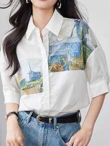 Elegant New Printed Open Short Sleeve Blouse Top For Women, Suitable For Commuting White Vacation Summer - White - View 1