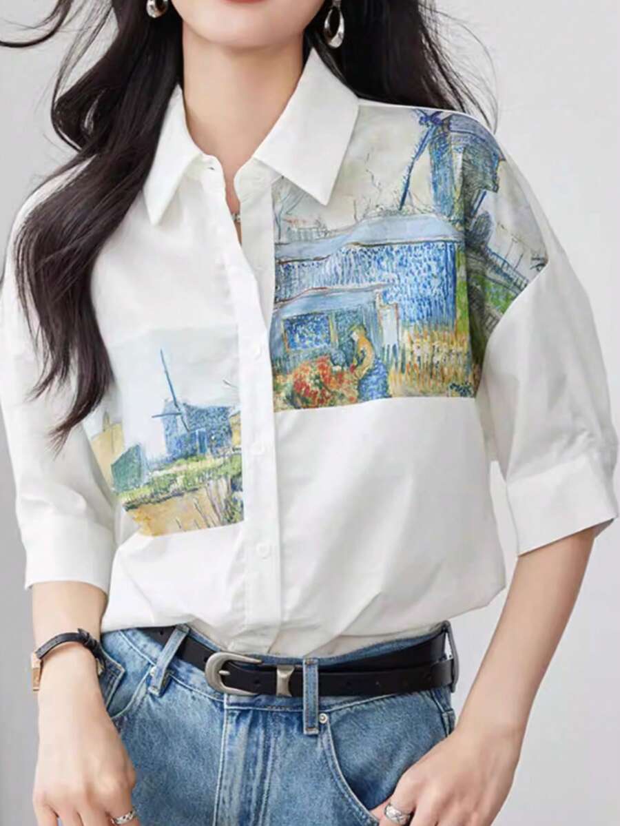 Elegant New Printed Open Short Sleeve Blouse Top For Women, Suitable For Commuting White Vacation Summer - White - View 1