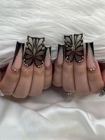 24pcs French Tip Acrylic Press On Nails Long Square Press On Nails Butterfly With Sliver Giltter XXL/XXXL Decoration Rhinestone Design Elegant Y2K Style Surface Glossy Full Cover Fake Nails For Women And Girls Daily Wear