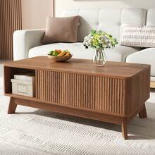Couchtisch Mit Hubfunktion, Wellenoptik, Offenes Seitenfach, MDF Material, Modern Style - Walnut Wood Color - View 2