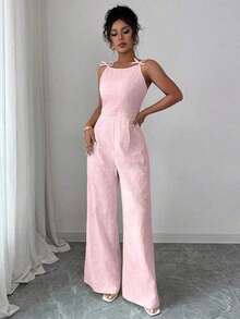 El mono de pierna ancha Elezga Elegante, con decoración de lazo en los hombros y estampado floral de margaritas en tela de brocado, es adecuado para el uso diario. - Rosa - Ver 4