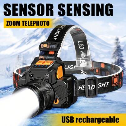 1 đèn đội đầu sạc USB, chống nước IP65, đèn pin rảnh tay dùng để trang trí nhà cửa, phòng khách, phòng ngủ, sân, vườn, cắm trại, câu cá, sinh nhật, Lễ Tạ ơn, trang trí đèn Giáng sinh.