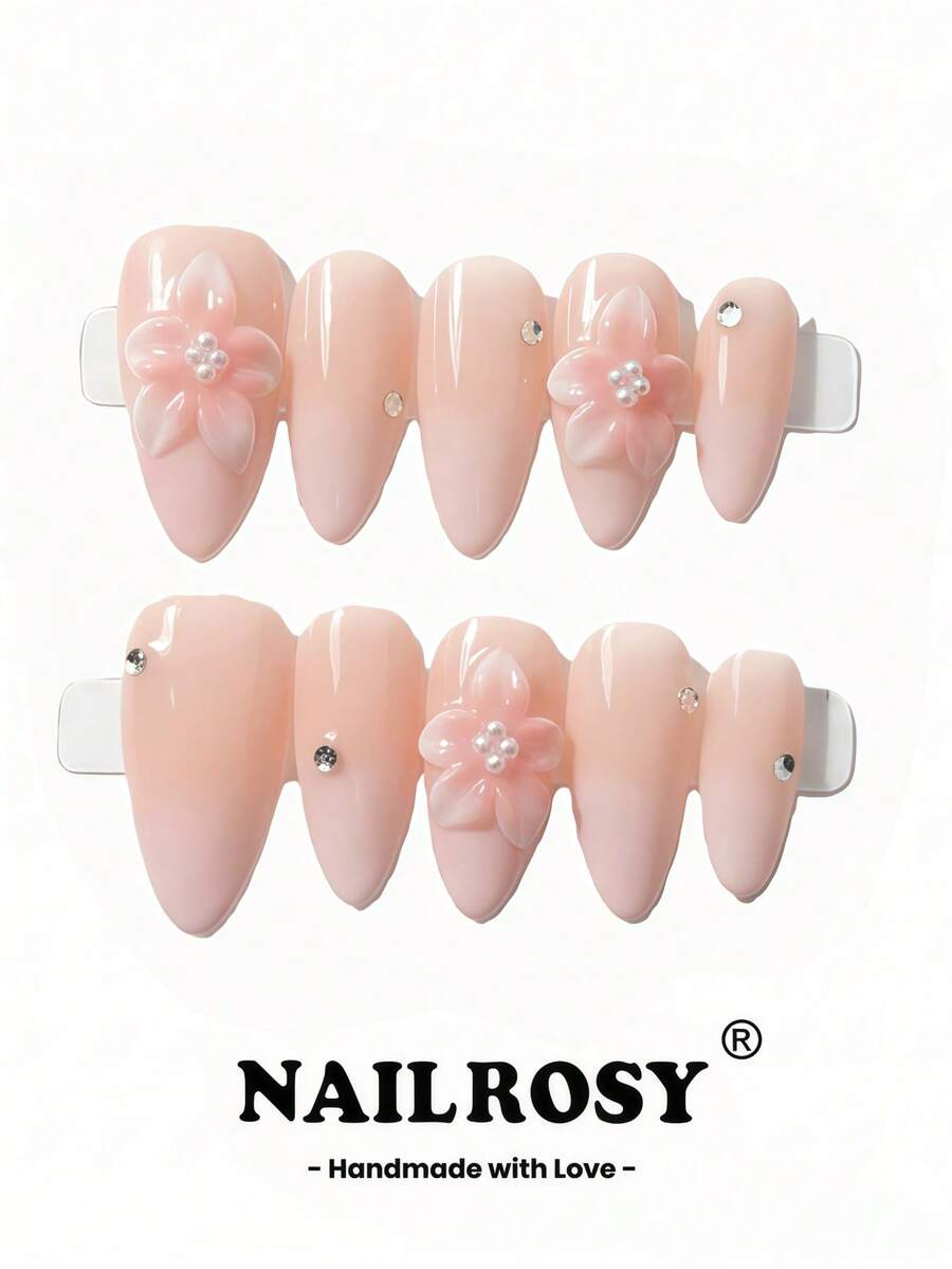 nailrosy 10片手工美甲套装，杏仁杏色，优雅简约，复古日式现代韩式清新设计，别致法式中性经典创意亮面闪亮渐变美甲套装，生日婚礼礼物 - 粉色 - 查看 1