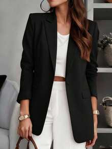 Women's Solid Color Notched Collar Blazer Jacket, Button Front Pocket Design, Long Sleeve Office Wear, Versatile For Business And Casual, Suitable For Autumn, Winter And Spring Black - Black - View 2