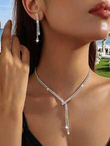 2pcs Sparkling Copper Alloy Rhinestone Tassel Earrings & Necklace Set, Elegant Fashion Jewelry For Party, Wedding, Banquet, All Seasons - Silver - View 5