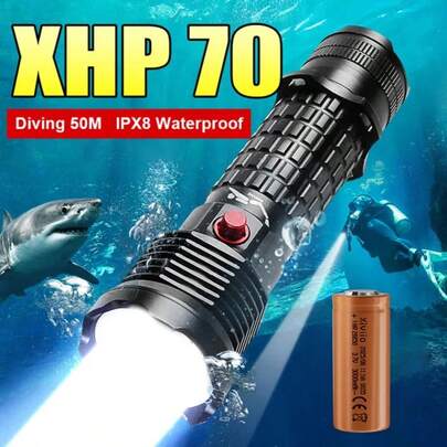 XHP70 专业潜水手电筒，IPX8 防水，50 米深度，强光束，适用于户外、夜钓、露营、应急照明