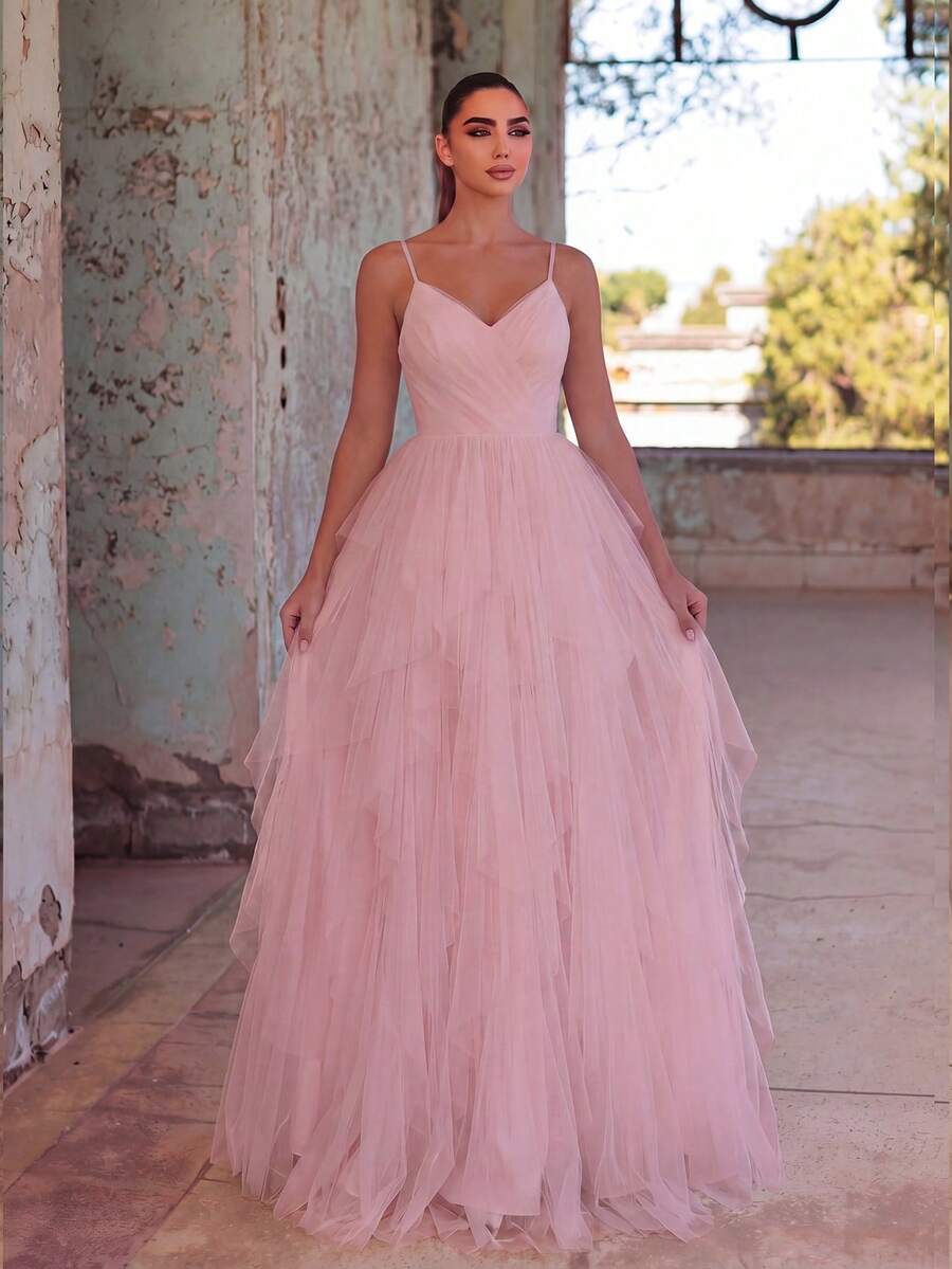 Faeriesty 优雅女士晚礼服，吊带设计，雪纺面料，层叠荷叶边A字裙摆，适合婚礼、盛大晚宴、化装舞会、正式晚宴、黑领结活动、毕业典礼、生日派对及其他春夏正式场合，粉色