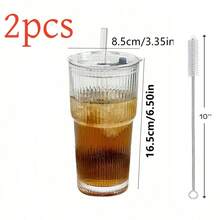 一套条纹玻璃杯，带吸管和盖子，便携简约风格水瓶，竖条纹玻璃杯，可重复使用的高品质咖啡和果汁杯，多功能饮料容器，适合居家、办公室、海滩、各种聚会，适用于咖啡、茶、牛奶、冰美式和拿铁。 - 無色 - 查看 11