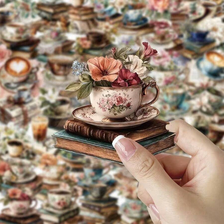 50pcs Transparent Matte Sticker Set - Book & Coffee Design, Suitable For Plastic, Glass, Metal And Asymmetrical Shaped Phone Cases, Laptops, Water Bottles, Planners And Notebooks, Unique Decorative Sticker Pack, Single-Use Colored Stickers - 50pcs - View 1