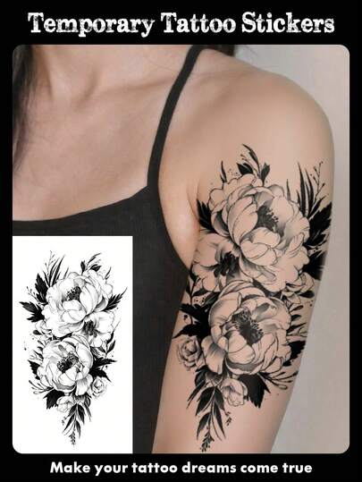 1 Blatt großformatiger temporärer Körpertattoo Aufkleber, geeignet für Frauen, wasserfeste Fake Tattoos, schwarz-weiß realistisches Blumenmuster, hält 2-5 Tage, kann für Arme, Brust, Taille, Beine verwendet werden, geeignet für Partys, Geschenke, Feiertage, Musikfestivals und andere Anlässe.