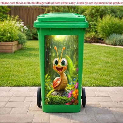 1pc 2D Flat Self-Adhesive Trash Can Sticker,Cute Snail Garden Trash Can Sticker, Cartoon Animal Bin Decal, Waterproof PVC Home Decor, PVC Material, Easy To Peel And Stick, Flat Art Sticker, Kitchen Storage