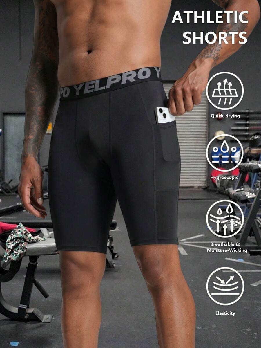 1pc Men's Sports Boxer Briefs, Black Casual Workout Running Shorts With Single Pocket - Black - View 1
